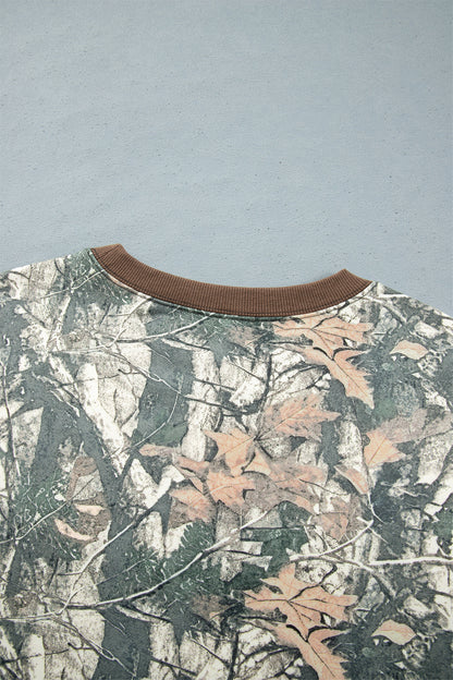 Brown Jungle Camouflage Print Ribbed Trim Long Sleeve Top Plus Size Pant Set