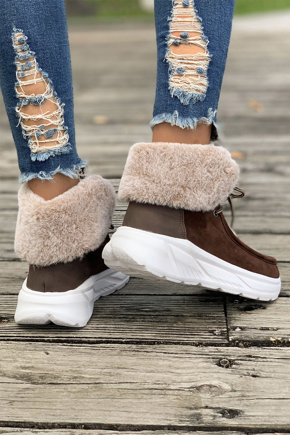Chestnut Plush Suede Patched Lace Up Ankle Boots