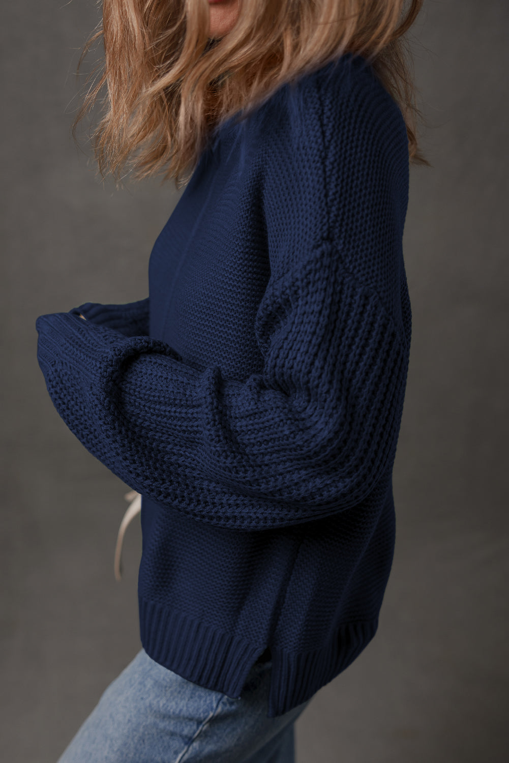 Dirty blue Solid Color Front Seam Drop Shoulder Loose Sweater