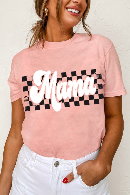 Pink Mama Checkered Print O Neck Casual T Shirt