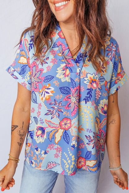 Purple Vacation Floral Print V Neck Short Sleeve Blouse