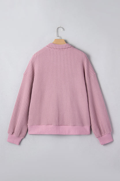 Light Pink Solid Color Textured Snap Button Collared Baggy Top