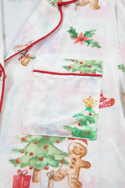 Pink Plaid Snowflake Christmas Gingerbread Man Print Long 2pcs Lounge Set