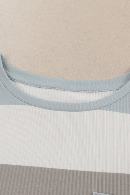 Color Block Ribbed Long Sleeve Top with Pocket