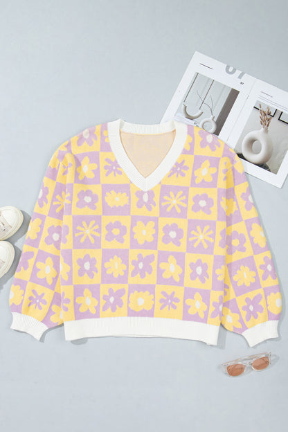 Multicolour V Neck Plaid Floral Long Sleeve Plus Size Sweater