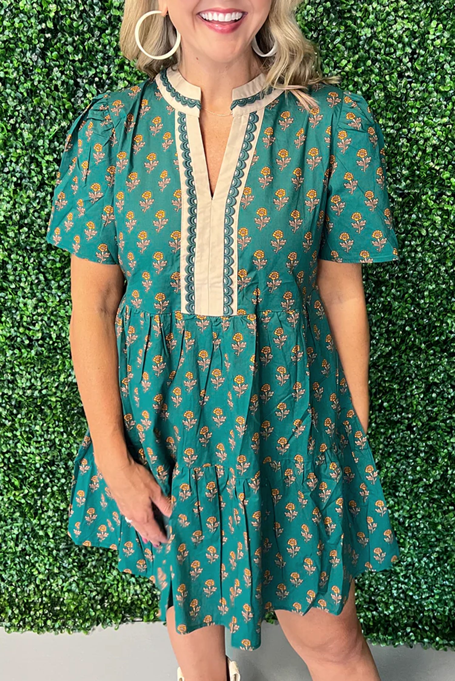 Sunny Angela Women's Bohemian Patchwork Accent Trim Short Sleeve Floral Dress - Sunny Green / M Sunny Angela Women's Bohemian Patchwork Accent Trim Short Sleeve Floral Dress - Sunny Green / M