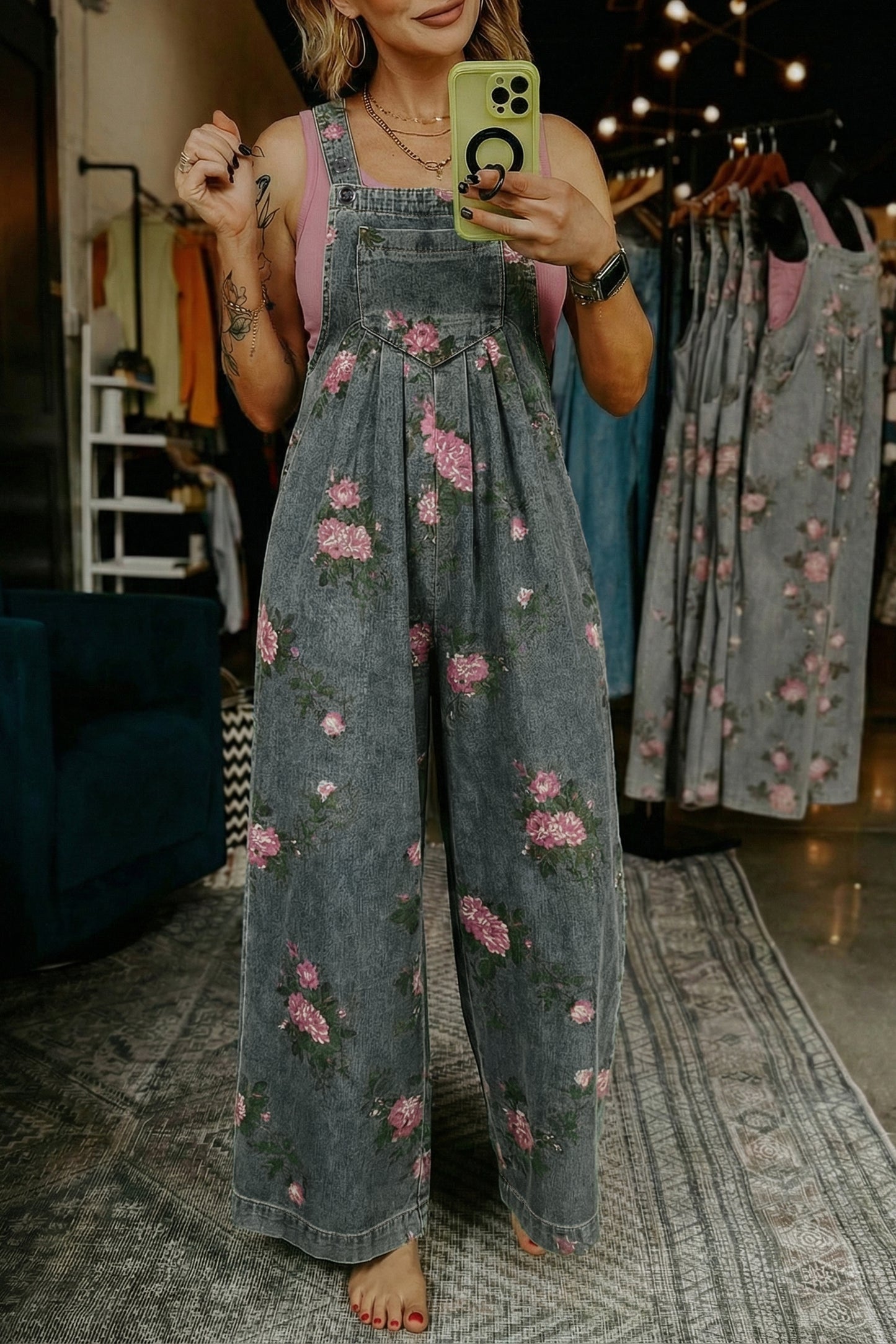 Beau Blue Floral Print Pleated High Waist Wide Leg Denim Jumpsuit