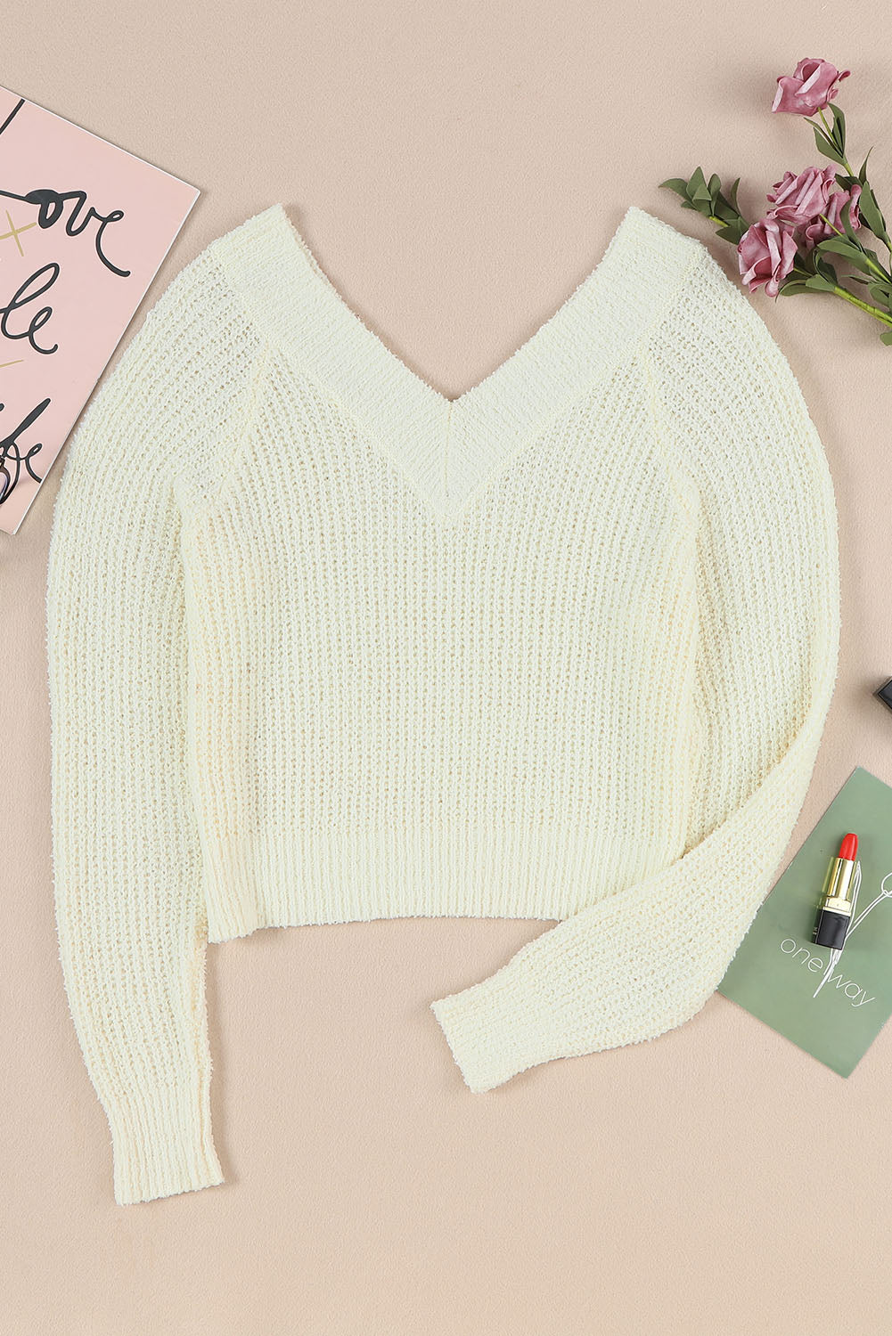 Apricot Cropped V Neck Fuzzy Sweater