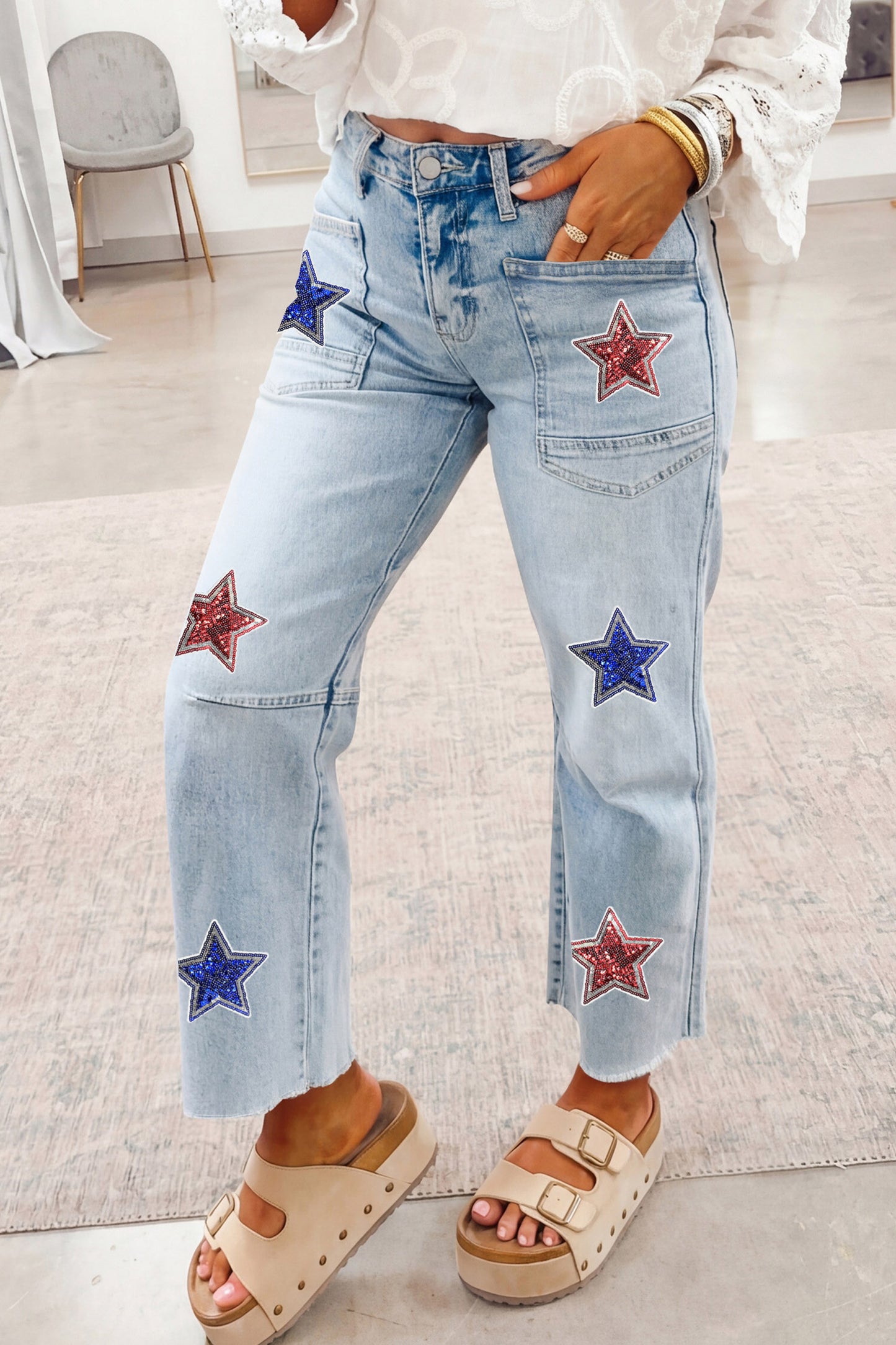 Beau Blue Patriotic Sequin Stars Patch Pocket Shift Jeans