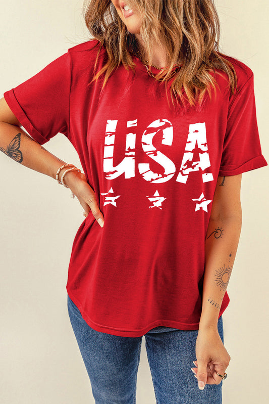 Red USA Letters Graphic Cuffed T Shirt