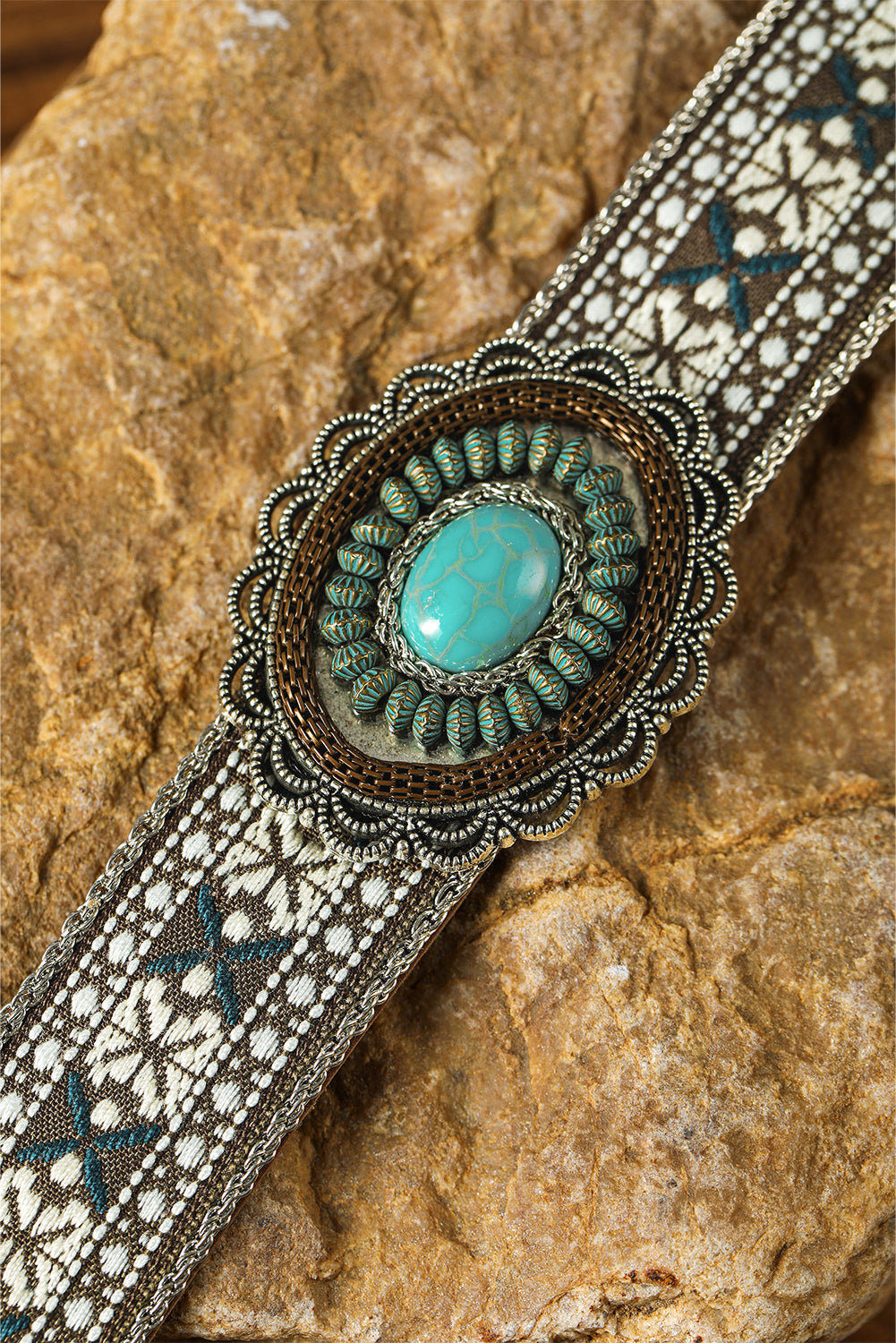 Bandeau de chapeau en cuir PU à lacets bleu clair avec motif western et décor turquoise