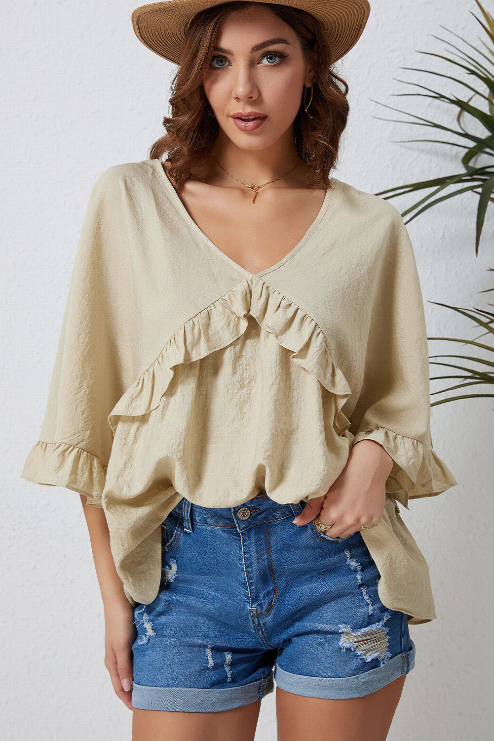 V Neck Draped Batwing Sleeve Ruffle Top
