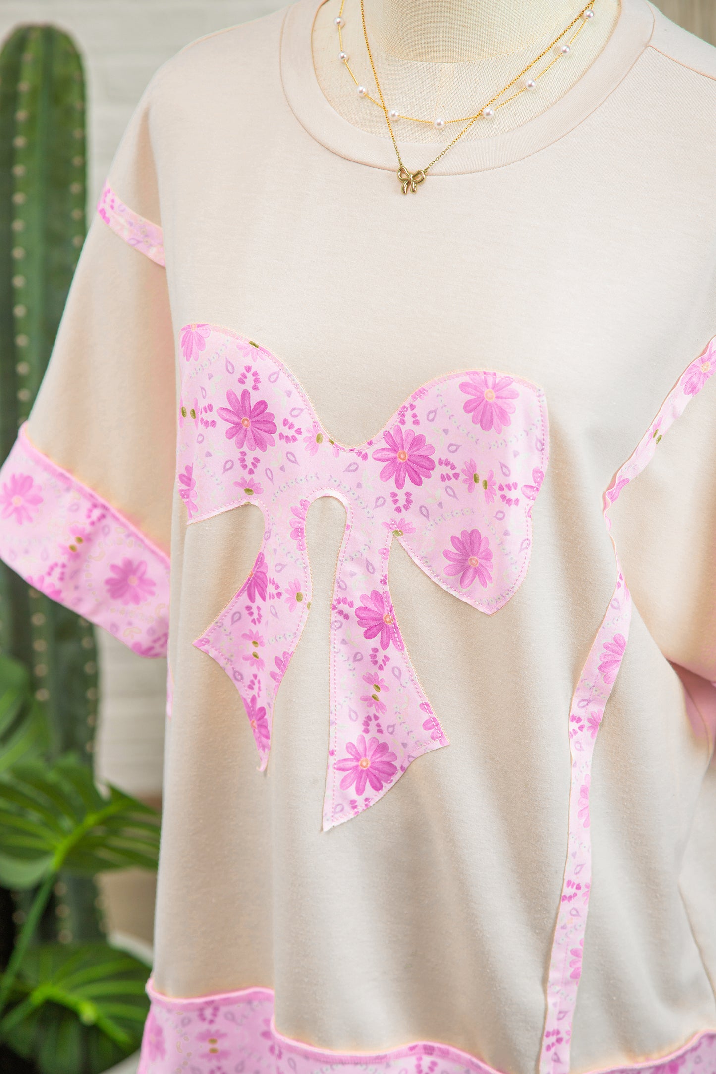 Apricot Daisy Floral Bow Contrast Patchwork Loose T Shirt