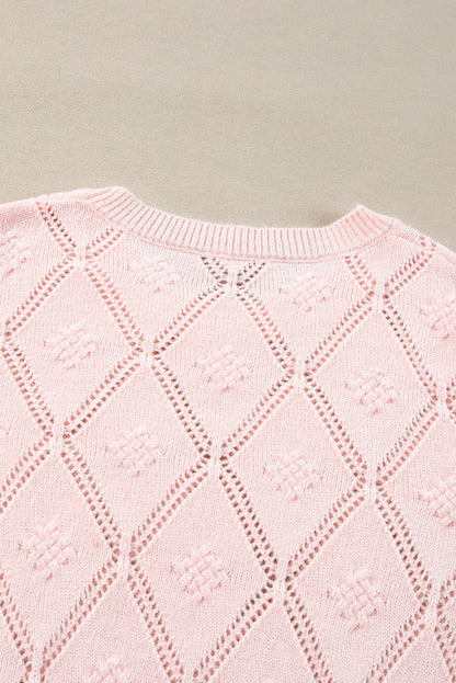 Pull court à manches bouffantes et à carreaux ajourés rose Gossamer