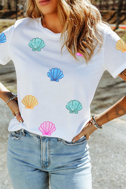 White Sequin Shell Graphic Summer Loose T Shirt