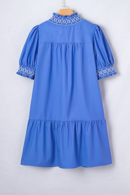 Sky Blue Embroidered Smocked Detail V Neck Short Puff Sleeve Mini Dress