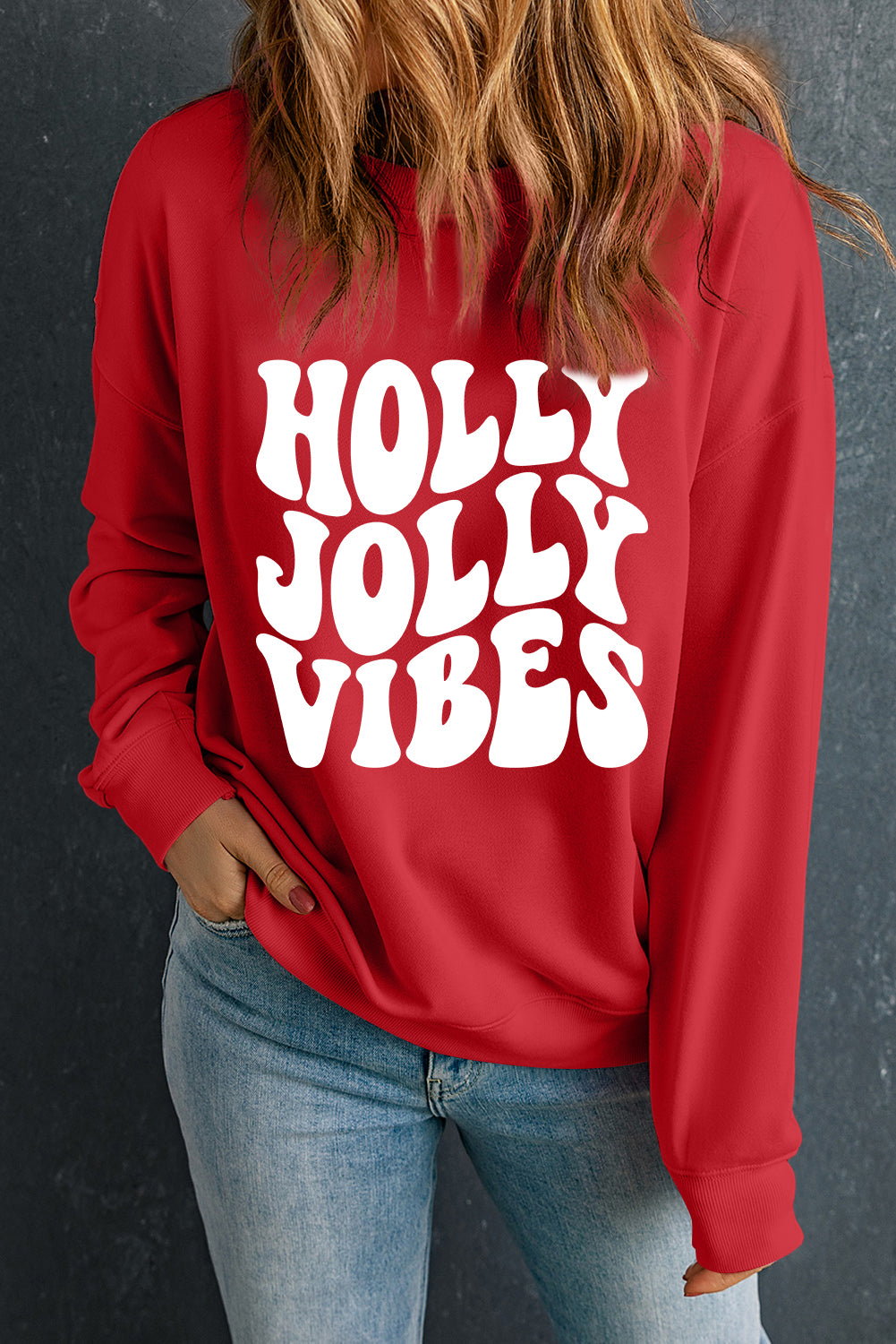 Sweat-shirt de Noël à col rond rouge avec imprimé graphique HOLLY JOLLY VIBES