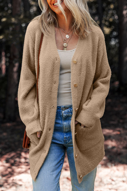 White Fuzzy Buttoned Front Midi Solid Cardigan