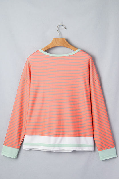 Orange Stripe Colorblock Detail Raw Seam Long Sleeve Top