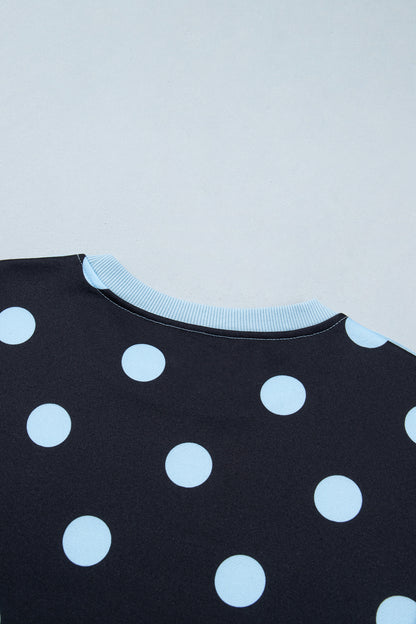Black Polka Dot Contrast Patchwork Round Neck Baggy Sweatshirt