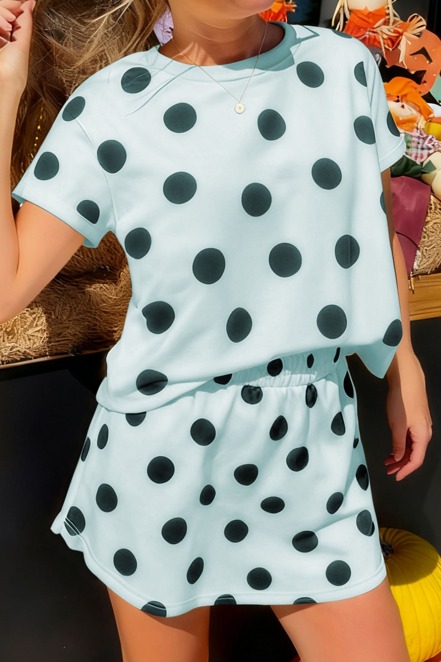 Sky Blue Polka Dot Short Sleeve Top Casual Skort 2pcs Outfit