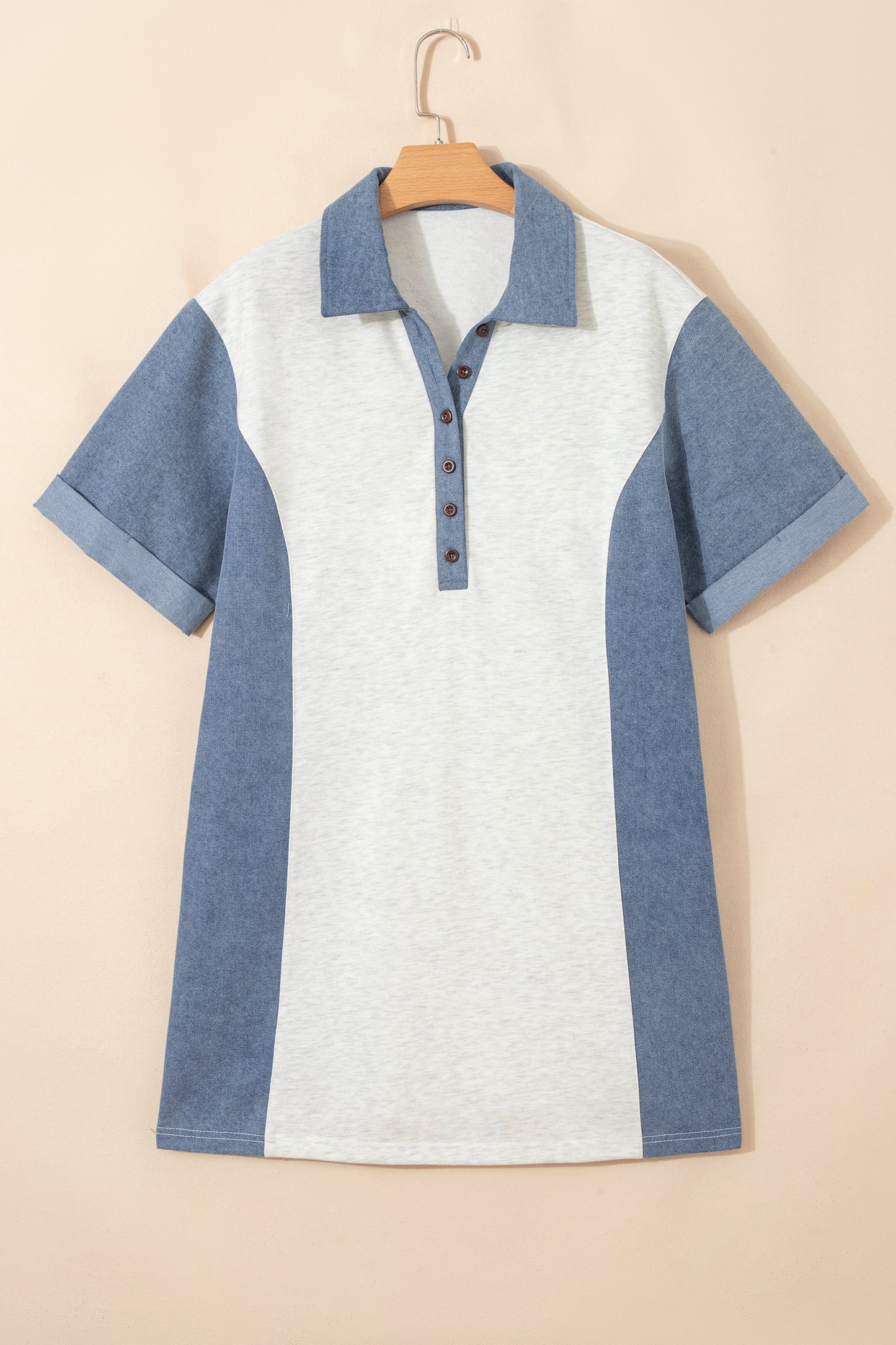 Light Grey Denim Color Block Patchwork Button Polo Collar T Shirt Tunic Dress