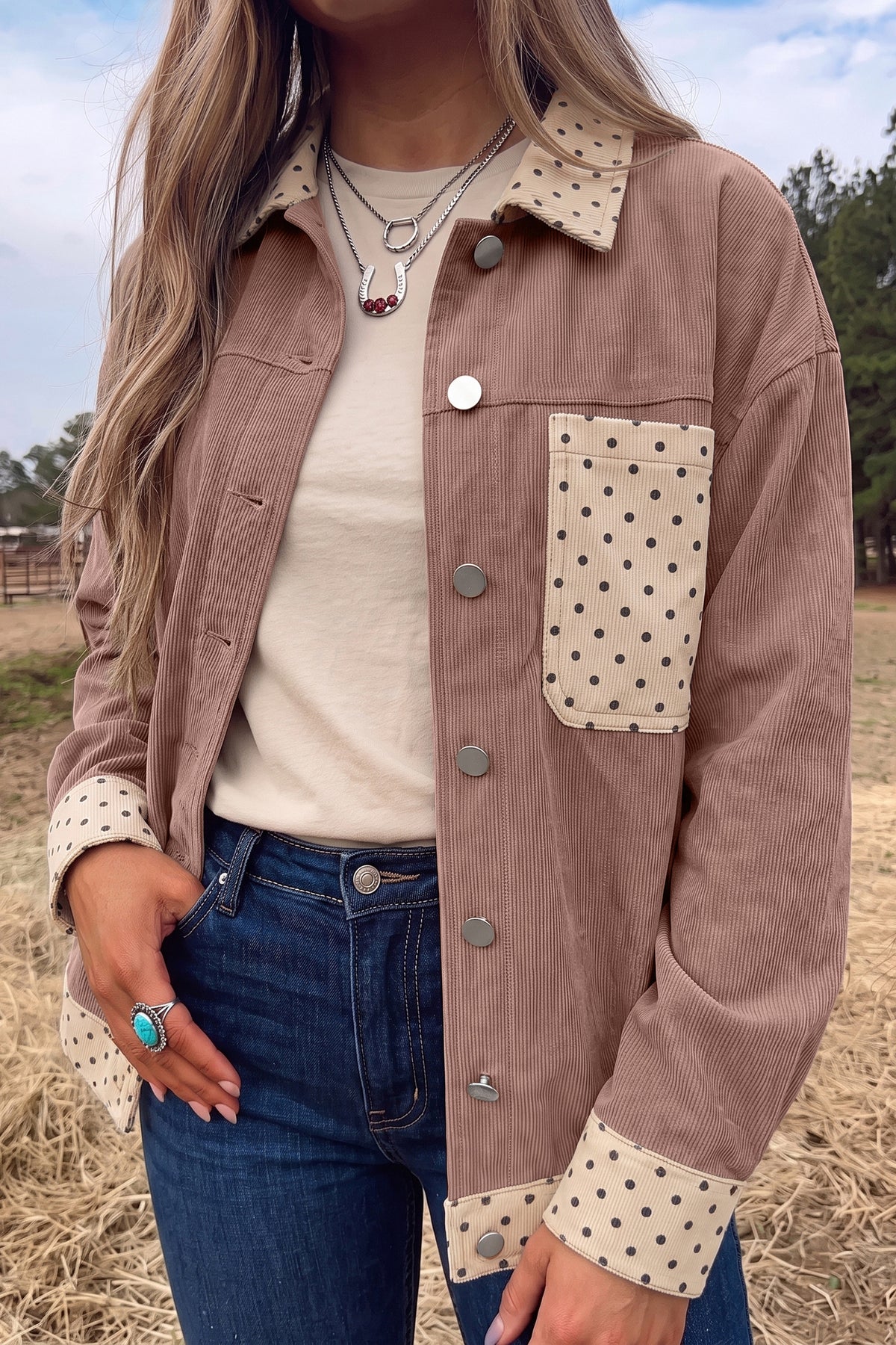 Goat Contrast Polka Dot Patchwork Corduroy Button Shacket