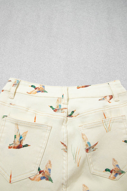 Beige Stylish Mallard Printed Cuffed Hem Shift Jeans