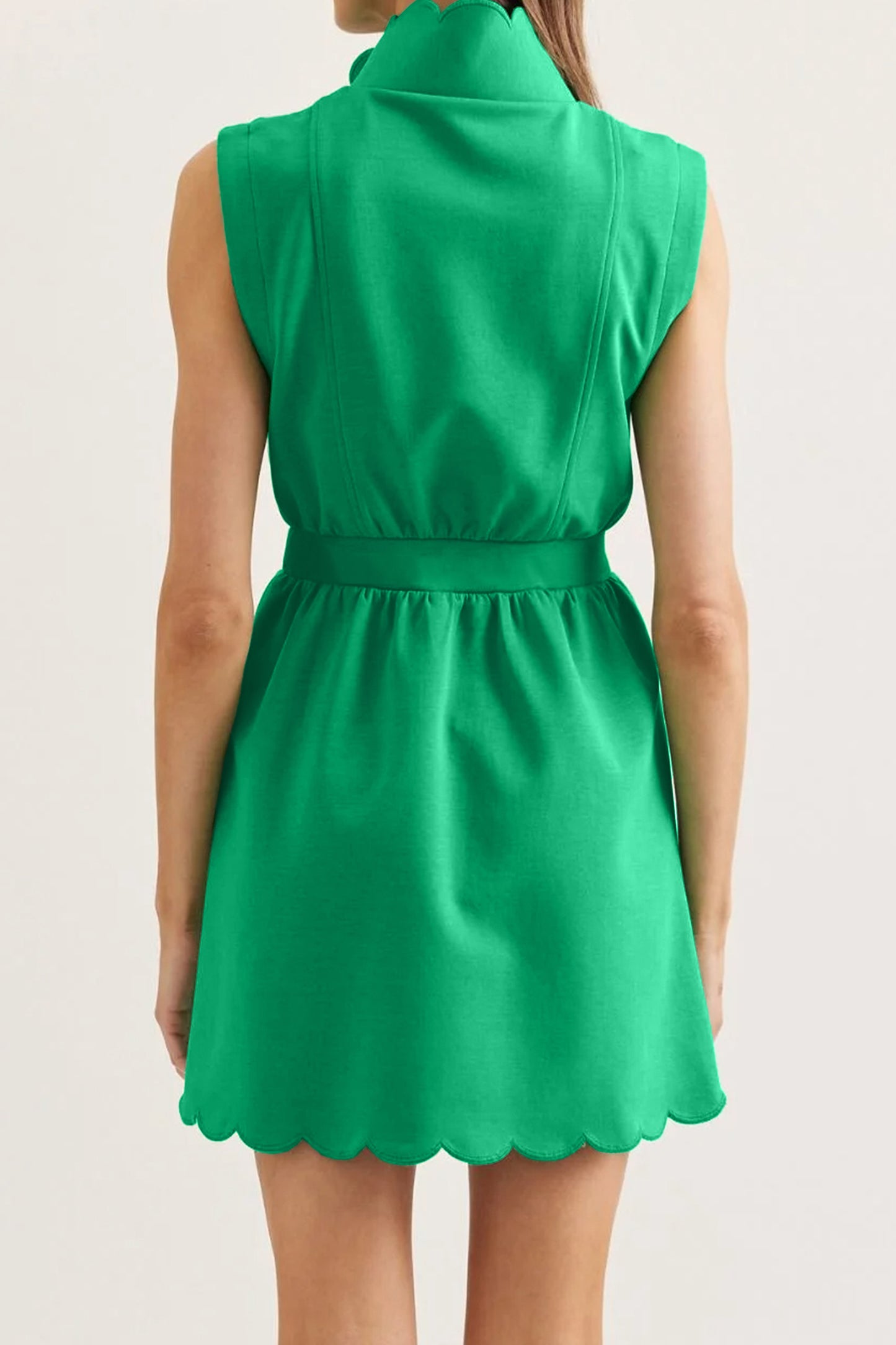 Bright Green Sleeveless Zip Front Scallop Hem Mini Dress