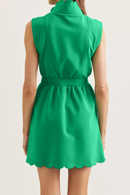 Bright Green Sleeveless Zip Front Scallop Hem Mini Dress