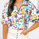 Peacock Blue Floral Print Slit V Neck Short Sleeve Blouse