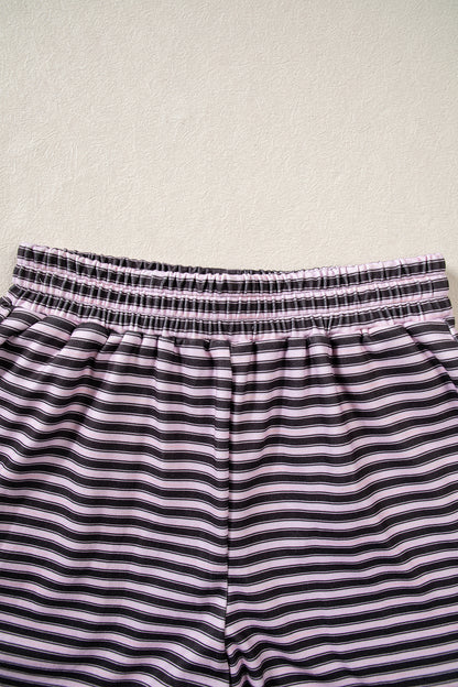 Brown Stripe Long Sleeve Oversized Top Pocketed Casual Shorts Two Piece Set