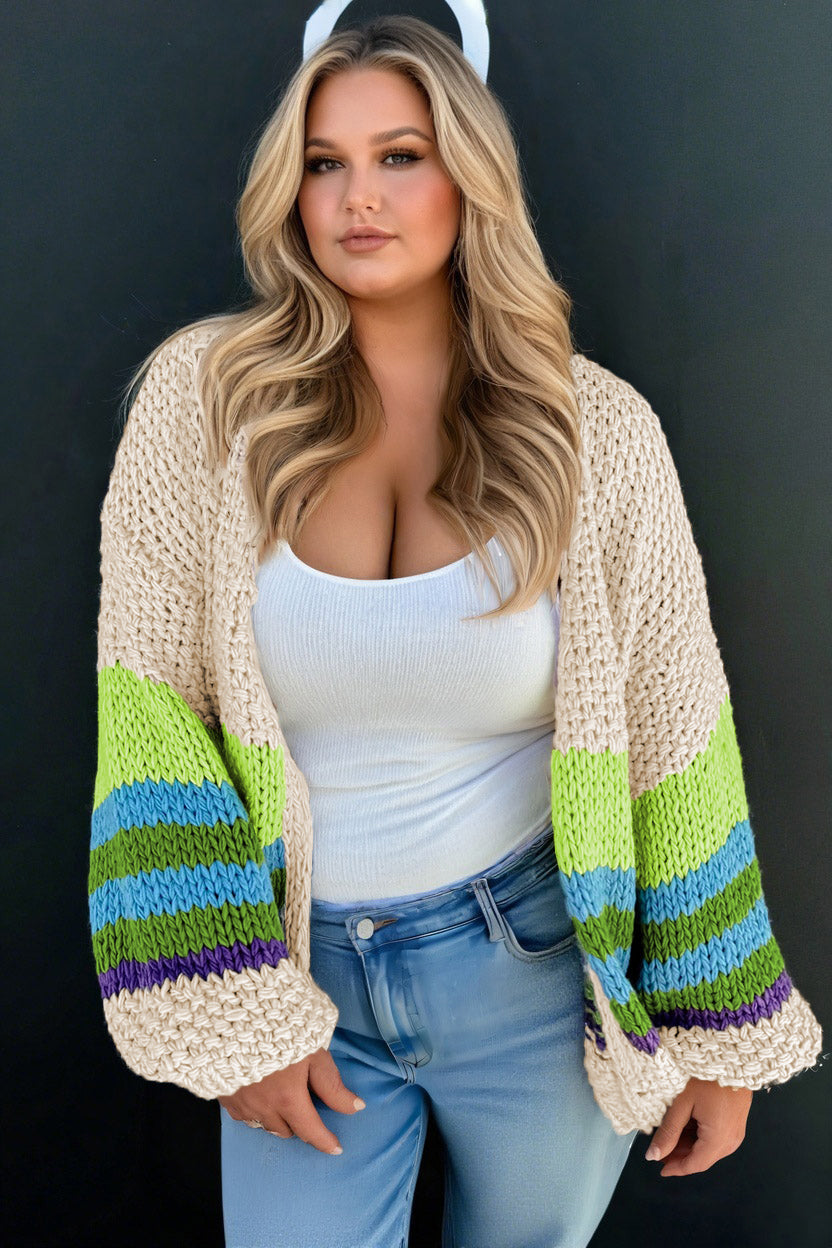 Parchment Color Block Crochet Open Front Plus Size Cardigan