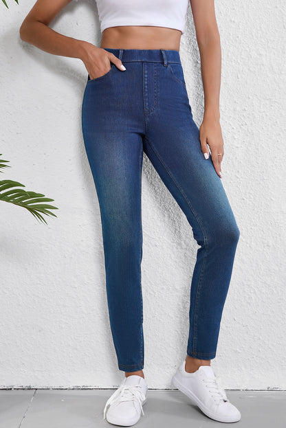 Jean décontracté Ashleigh bleu à poches multiples, coupe droite, délavé, extensible et en tricot