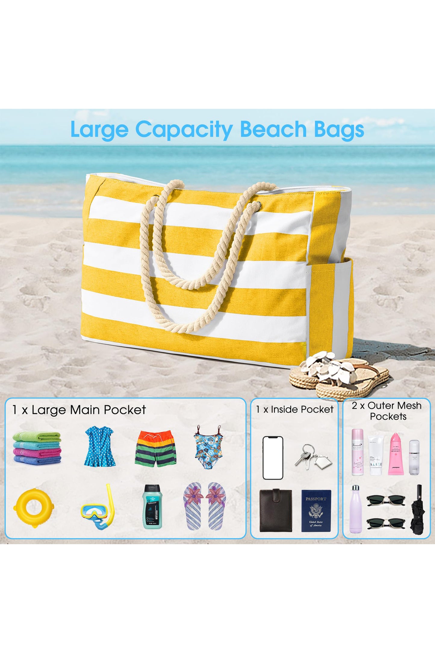 Yellow Striped Waterproof Canvas Large Capacity Tote Bag