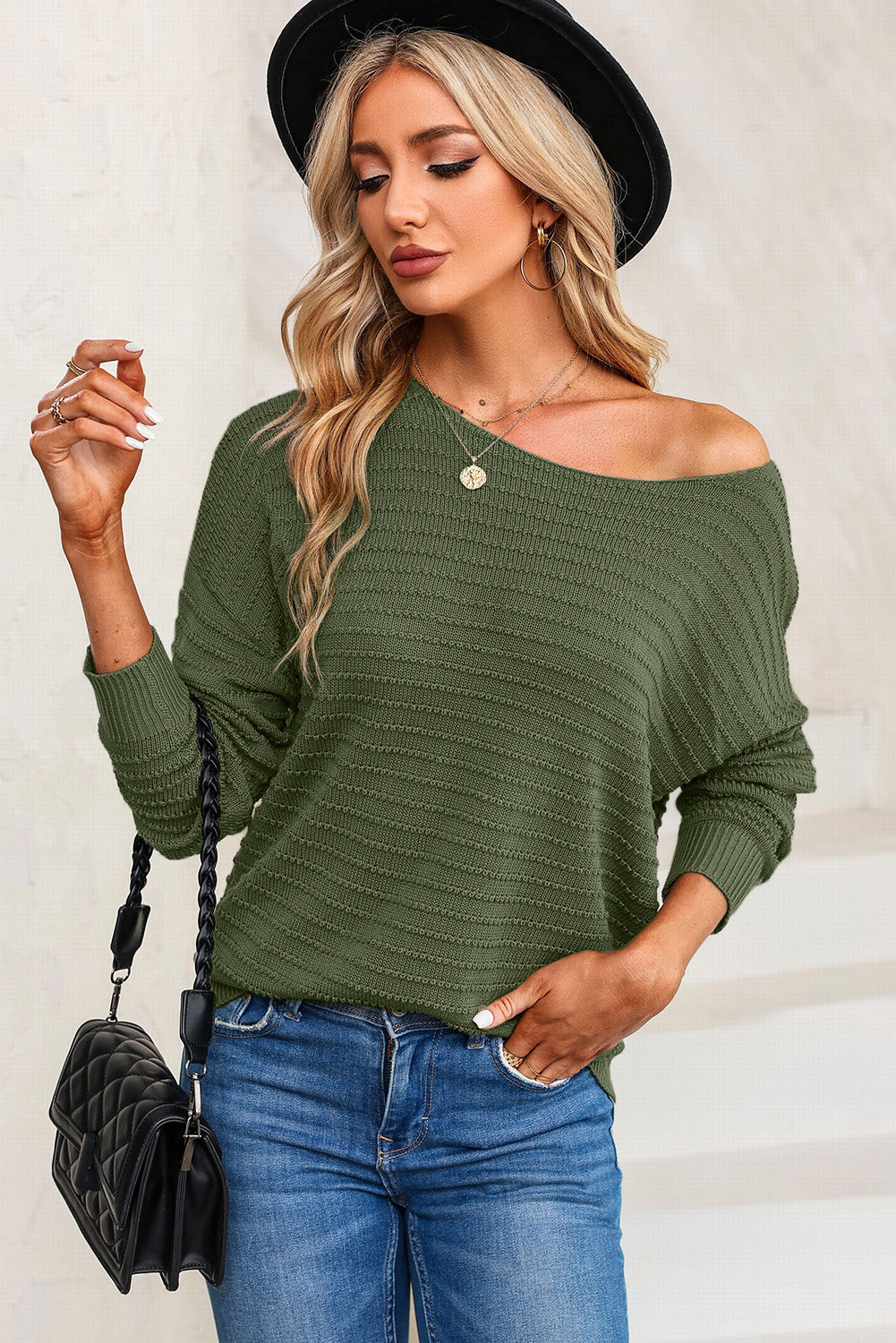 Pull vert texturé à col rond et manches dolman