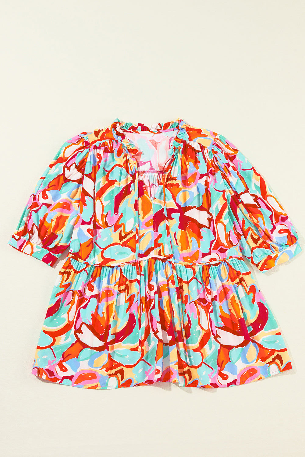 Chemisier à manches mi-longues et col en V avec cordon de serrage et imprimé abstrait rose rouge