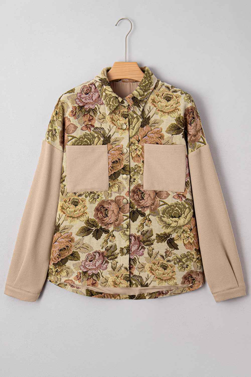Khaki Floral Waffle Knit Patchwork Chest Pockets Buttoned Jacket