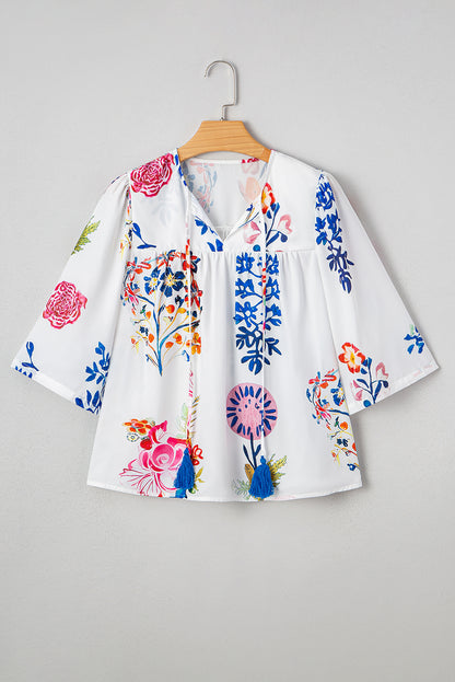 White Floral Print Tassel Tie Bracelet Sleeve Flowy Blouse