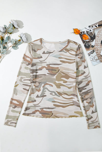 Western Fashion Camouflage Print Mesh Long Sleeve Top