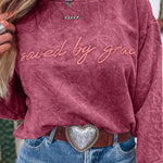 Mineral Red saved by grace Letter Embroidery Mineral Wash Loose Sweatshirt