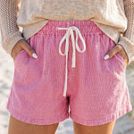 Pink Stripe Drawstring Elastic Waist Casual Denim Shorts