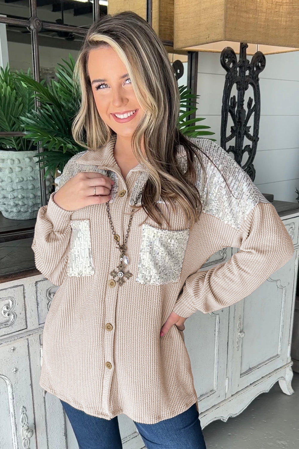 Veste-chemise à cordon avec poche poitrine plaquée à sequins parchemin