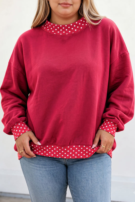 Red Dahlia Polka Dot Patchwork Round Neck Plus Size Sweatshirt