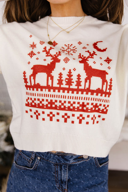Beige Pixel Snowflake Reindeer Christmas Round Neck Casual Sweater