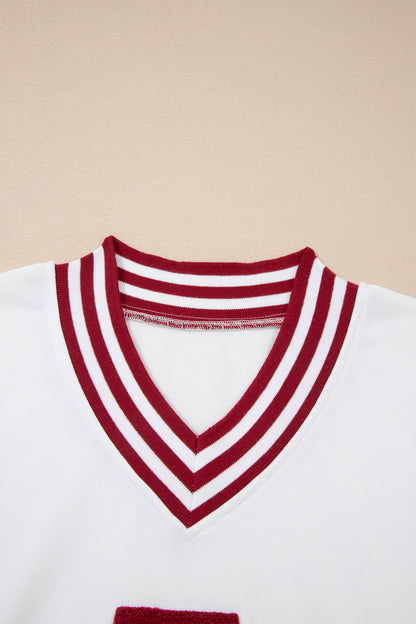 Red Dahlia Chenille Letter A Graphic Varsity Striped V Neck Puff Sleeve Sweatshirt