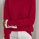 Racing Red Lace Trim Patchwork Buttoned Cuffs Loose Sweater
