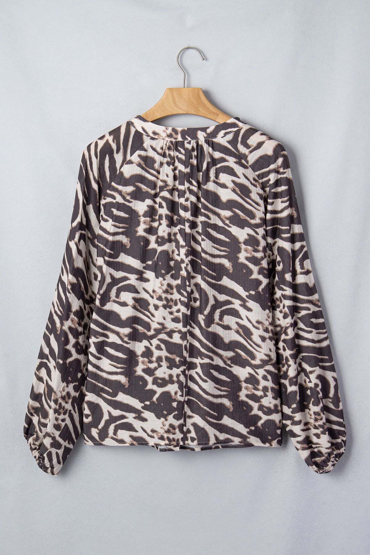 Parchment Leopard Print V Neck Button Down Balloon Sleeve Shirt