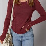 Burgundy Exposed Seam Ribbed Long Sleeve Top