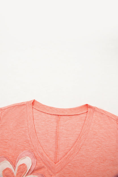 Fresh Salmon Floral Patchwork V Neck Long Sleeve T Shirt